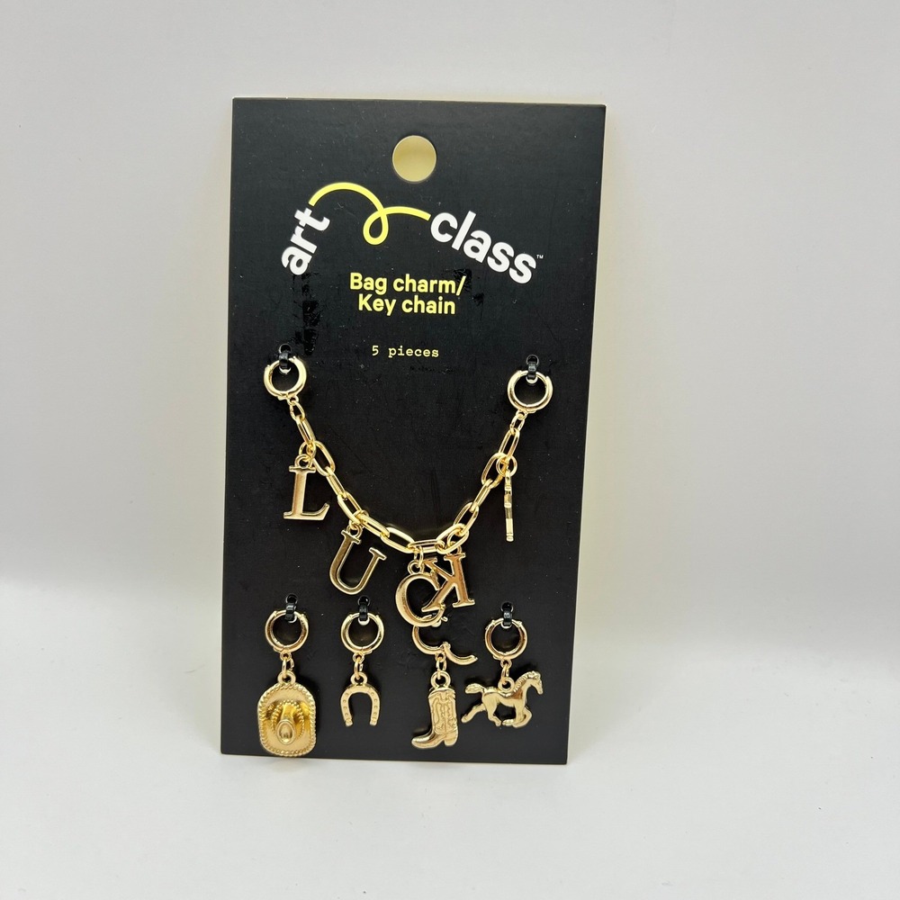 Art Class Gold Western Lucky Bag Charm Keychain Set 5pc Cowboy Boot Hat Horse